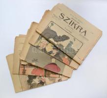 1903-1904 Szikra. Képes Hetilap. I/2-4., II/11-12. szám. Többek között Feiks Jenő, Kubinyi Sándor, Márk Lajos, Keményffy Jenő, Bér Dezső, Fényes Adolf, Linek Lajos, Vesztróczy Manó, Garay Ákos stb. színes, egész alakos litográfiáival illusztrált élclap 4 száma Heltai Jenő, Molnár Ferenc, Kabos Ede, Ignotus, Szomaházy István stb. írásaival, viseltes állapotban