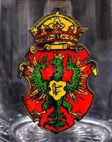 Címeres réz fedős üveg korsó, hibátlan, m:13 cm