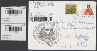 2005 ajánlott levél 3073 TAR Posta biancos ragjegyével és a címzett érkeztetési bélyegzőjével ellátva. Csatolva a könyvelt küldemény feladóvevénye is + 2 db Mini Pakk ragjegy