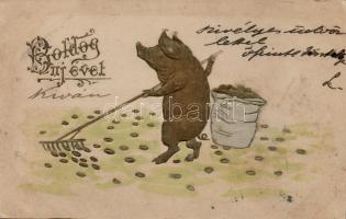 New Year, pig rakes money, Emb. (fa)