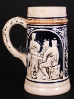 Antik német söröskorsó, mázas kerámia, jelzett, apró mázhiba, m:17 cm