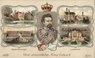 Ludwig II of Bavaria, Schlossberg, Neuschwanstein, Linderhof, Herrenchiemsee, litho