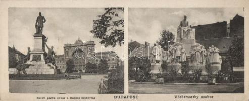 Budapest Keleti Pályaudvar a Baross szoborral, Vörösmarty szobor; kisméretű képeslap, 18 cm x 7 cm (EM)