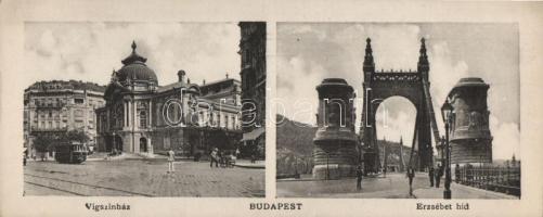 Budapest Vígszínház, Erzsébet híd; kisméretű képeslap, 18 cm x 7 cm (EM)