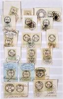 1854 20 db illetékbélyeg C.M. értékjelzéssel kivágásokon, szép, olvasható bélyegzésekkel, közte szignettás kivágás is berakólapon