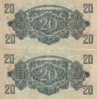 1944. 20P "V.H." 2 db egymásutáni sorszámmal, az egyik példányon extrém erős képeltolódás az előlapon, a másikon erős sorozatszámelcsúszás! T:I