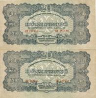 1944. 20P "V.H." 2 db egymásutáni sorszámmal, az egyik példányon extrém erős képeltolódás ...