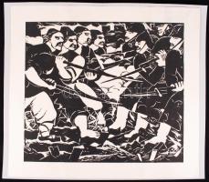 Derkovits Gyula (1894-1934): A Dózsa-sorozatból, Csata. Fametszet, papír, jelzés nélkül, restaurálva, 52×52 cm