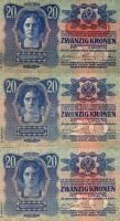 1913. 20K (3x) ebből 2x piros fny-sal, 1x osztrák fny-sal T:I