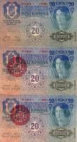 1913. 20K (3x) ebből 2x piros fny-sal, 1x osztrák fny-sal T:I