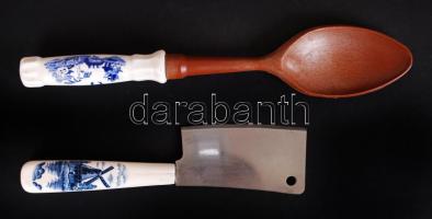 Matricás díszítésű, delfti porcelán nyelű merőkanál és rozsdamentes acél bárd /  Spoon and stainless steel hatchet with Delft ceramic handle, 20cm, 27cm