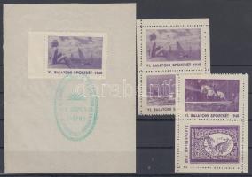 1940 VI. Balatoni Sporthét, 4db levélzáró + 1db levélzáró papíron, alkalmi bélyegzéssel, lila színben