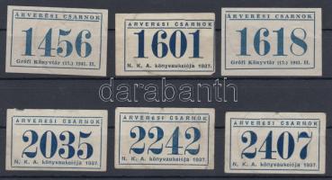 1937-1941 Árverési Csarnok, 6db könyvaukciós címke