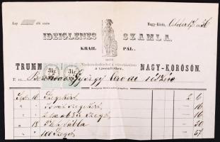 1856 Nagykőrös Krail vaskereskedés számla 2x3kr CM okmánybélyeggel