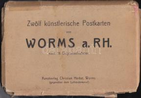 Worms am Rhein; 12-piece postcard leporello, Jewish cemetery, synagogue; considerably worn paper case