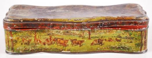 Régi fémdoboz tele jelvényekkel pecsétnyomóval, egyebekkel