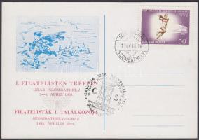 1966 Filatelisták I. Találkozója Szombathely-Graz. Levlap alkalmi bélyegzővel. Hátoldalán: "Szombathely város bizonyitvány kiállitási dij" bélyeg "Savaria 1966 Bélyegkiállitás" felülnyomattal (zöld, piros, barna, fogazott, értékjelzés nélkül)