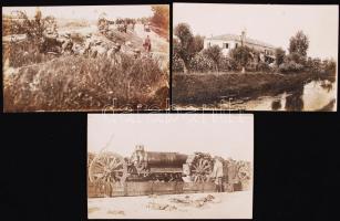 1914-1918 3db, hátoldalán feliratozott, I. világháborús fotó az olasz frontról: lövészárok katonákkal, elfoglalt épület, zsákmányolt olasz mozsárágyú /  Photos from World Wor I from the Italian theatre, 9x4cm