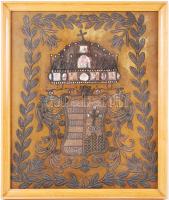 cca 1910 A Magyar Királyság hímzett, kézimunkával készített címere üvegezett keretben  a kis zománcképek akvarellel megfestve /  cca 1910 Handmade coat of arms of HUngary. Embroidered, hand painted in frame 36x42 cm