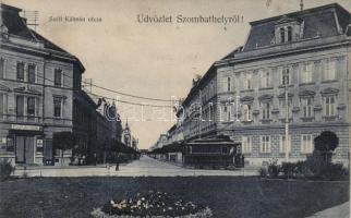 Szombathely Széll Kálmán utca, Pető Ármin üzlete, villamos (fl)