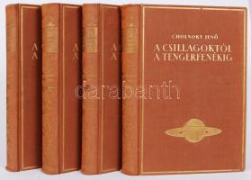 Cholnoky Jenő: A csillagoktól a tengerfenékig. 1-4. köt. 1. A csillagok világa. 195 képpel. 2. Meteorológia. 198 képpel. 3. Hegyek-völgyek. 353 képpel. 4. Szárazföldek és tengerek. 293 képpel. Bp. (é.n.) Franklin. 431 p. 1 sztl. lev. 2 térk. (kihajtható csillagtérk.); 431 p. 1 sztl. lev. 1 térk. (kihajtható); 496 p. 1 sztl. lev.; 465 p. 1 sztl. lev. Szövegközti és egész oldalas képekkel gazdagon illusztrálva. Egységes, aranyozott kiadói egészvászon kötésben.