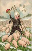 New Year, chimney sweeper, mushroom, pigs, litho (fa)