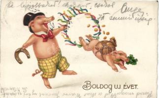 New Year, pigs, humour, litho (Rb)