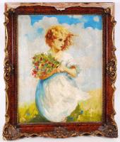 Olvashatatlan jelzéssel: Kislány virágcsokorral. Olaj, vászon, antik keretben, 50×40 cm
