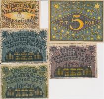 Nagyszőllős 1919. "Ugocsai Világítási Rt." értékjegy 50f, 1K, 2K, 3K, 5K (5db) borítékban ...