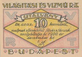 Budapest 1920. "Világítási és Vízmű Rt." értékjegy 20f, 50f, 1K, 2K, 5K, 10K (6db) boríték...
