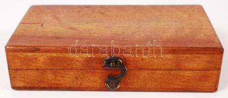 Antik ékszeres súlykészlet, eredeti fa tokjában, 13×8 cm