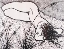 Gy. Szabó Béla (1905-1985): Akt. Fametszet, papír, jelzett, üvegezett keretben 40×50 cm