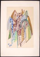 Simó József (1926-1979): Város II. Filctoll, akvarell, papír, jelzett, paszpartuban, 42,5x30,5cm