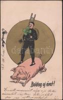 New Year, chimney sweeper, pig, clover (small tear)