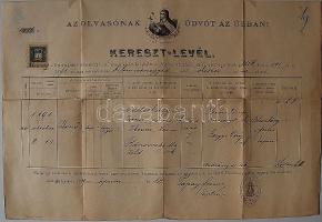 Díszes keresztlevél okmánybélyeggel (1909) Bp. terézvárosi rom.kat. plébánia