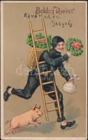 New Year, chimney sweeper, clover, pig, litho (EK)