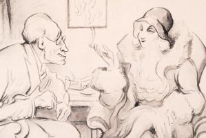 Ék Sándor (1902-1975): Diskurálnak. Tus, papír, jelzett ("A. Keil"), 31x36,5cm