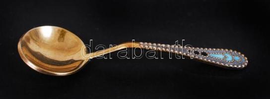 Szovjet aranyozott ezüst fűszertartó ólomkristály üveggel és aranyozott ezüst kis kanál, jelzettek r...