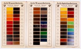 Cca 1920 Artiholzbeizen. Nemét nyelvű, szín mintákat tartalmazó katalógus, egy oldal hiányzik, karto...