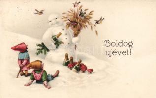 New Year, snowman, dwarf, litho