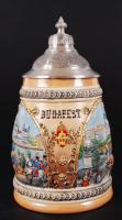 Sörös korsó a Parlamenttel és a Lánchíddal, festett kerámia, jelzett, hibátlan, ón fedővel, m:19 cm / Budapest beer stein, perfect condition