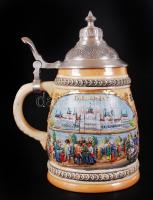 Sörös korsó a Parlamenttel és a Lánchíddal, festett kerámia, jelzett, hibátlan, ón fedővel, m:19 cm ...