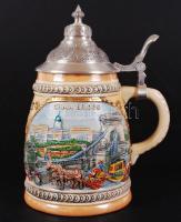 Sörös korsó a Parlamenttel és a Lánchíddal, festett kerámia, jelzett, hibátlan, ón fedővel, m:19 cm ...