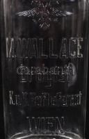 "M Wallace Drogist K.u.K Hoflieferant Wien" feliratú dugós üvegpalack, apró csorba a szájá...