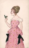 Lady with bird, artist signed (EB)