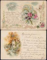 6 db régi, virágos litho üdvözlőlap, köztük dombornyomottak / 6 vintage floral lithographic greeting...