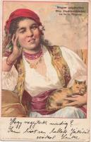 1899 Magyar cigánylány, macska, litho, 1899 Hungarian gypsy girl, cat, litho