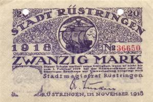 Német Birodalom / Weimari Köztársaság / Rüstringen 1918. 20M + 50M lyukasztással érvénytelenítve T:I...