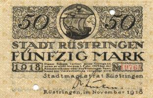 Német Birodalom / Weimari Köztársaság / Rüstringen 1918. 20M + 50M lyukasztással érvénytelenítve T:I...