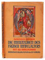 Hieber, Hermann: Die Miniaturen des frühen Mittelalters. Mit 80 Abbildungen. München, 1912, Piper & Co. Verlag. Kiadói, illusztrált papírkötésben, kartonált, sarkain és a gerincen sérült, a jobb fölső sarokban ázás nyoma /  Original hardcover, illustrated, somwhat worn